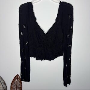 J21 Urban Outfitters Beaded Black Long Sleeve Top Shirt Ruched‎